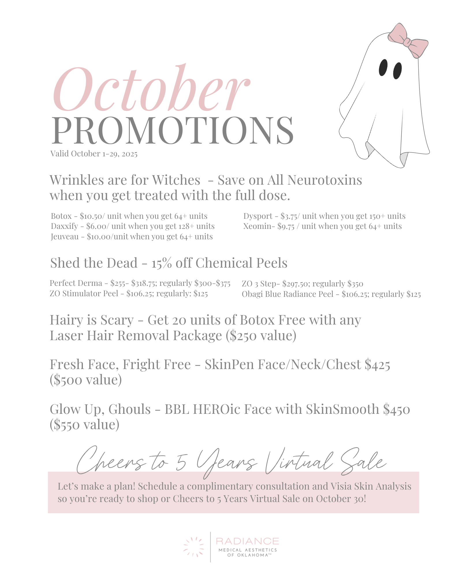 Flyer for October specials at radiance Medical aesthetics